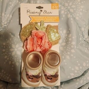 NWT Rising Star Deer Fawn Headwrap Sock Set Woodland 0-12M Baby Infant Sparkle